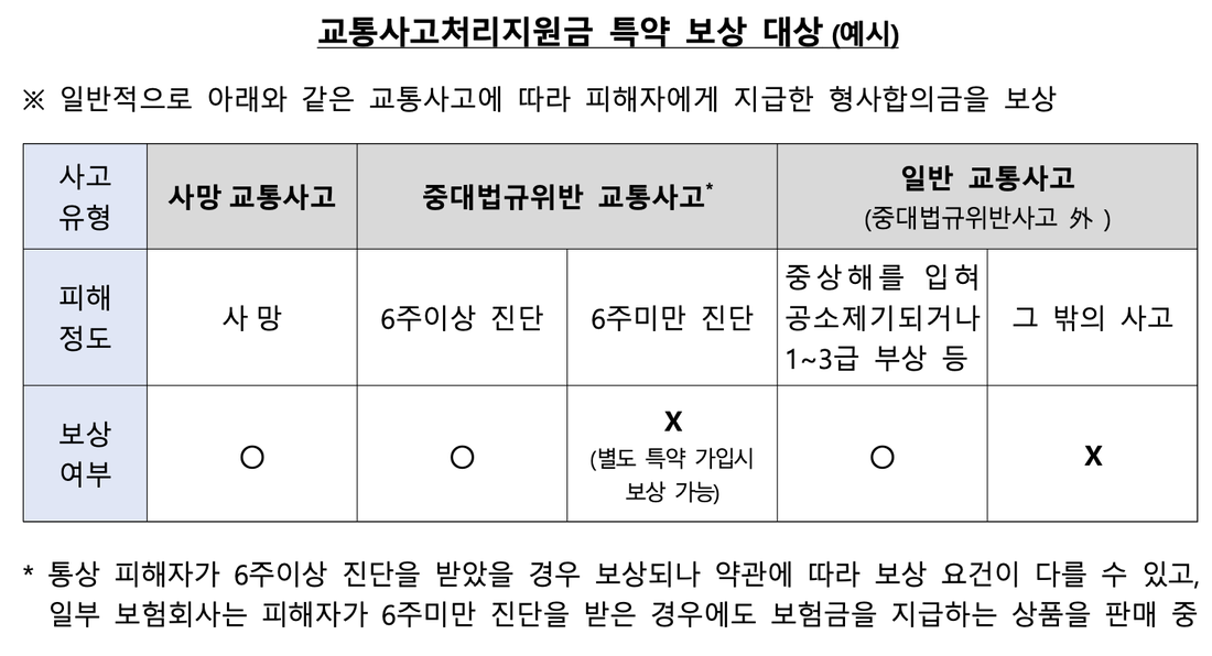 금융감독원-교통사고처리지원금-특약-보상-대상-예시